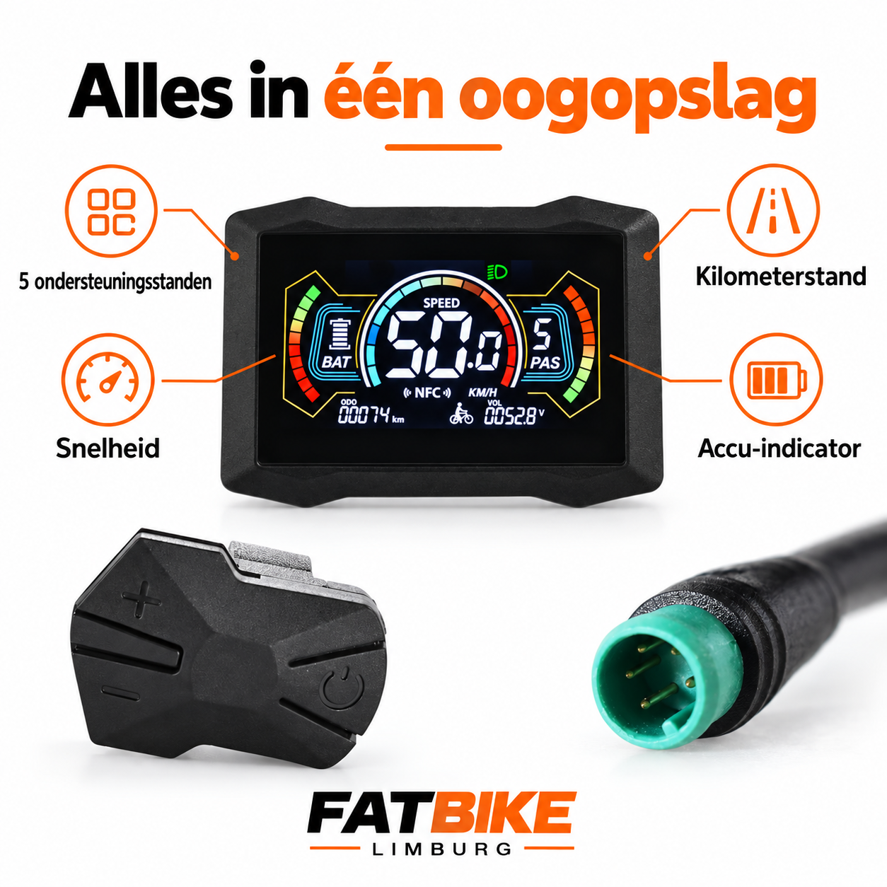 H7C NFC Kleurendisplay met 5-pins aansluiting – voor geschikte QMWHEEL & OUXI fatbikes